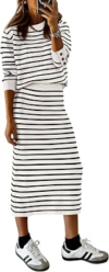 PRETTYGARDEN Women 2 Piece Striped Sweater Skirt Set