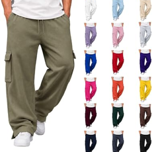 Cargo Sweatpants for Men with Pockets Casual Fleece Wide Leg Baggy Pants Elastic Waist Drawstri