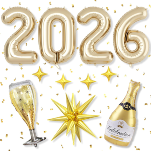 Light Gold 2026 Balloons, 40 Inch Number Champagne Gold Foil Balloons, Gold Star Balloon Champagne Bottle Glass Balloon for Happy New Years Eve Party Supplies 2026 Class of 2026 Graduation Decorations