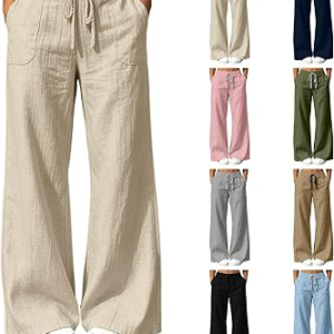 Women’s Wide Leg Pants Lightweight Elastic Waist Soft Palazzo Pants Casual Drawstring Flowy Beach Linen Trousers