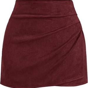 BTFBM Faux Suede Mini Skirts for Women Ruched Wrap Skorts,Burgundy,S