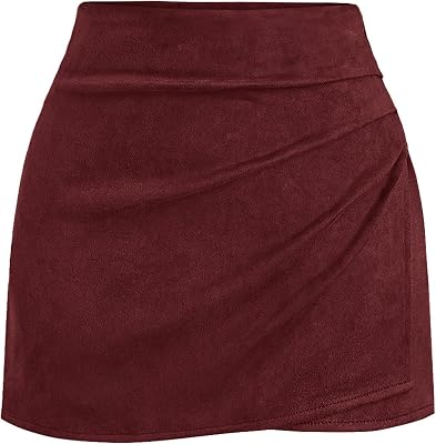 BTFBM Faux Suede Mini Skirts for Women Ruched Wrap Skorts,Burgundy,S