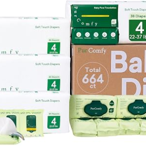 PurComfy Baby Diapers and Wipes Kit, Size 4, Baby Wipes, Baby Dry Wipes | Includes Size 4 (152Ct), 6 Pack (360Ct) Baby Wipes, 2 Pack (120Ct) Dry Wipes, 4 Pack Tavel Wipe, Total 664 Ct, Plant Based