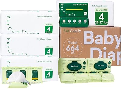 PurComfy Baby Diapers and Wipes Kit, Size 4, Baby Wipes, Baby Dry Wipes | Includes Size 4 (152Ct), 6 Pack (360Ct) Baby Wipes, 2 Pack (120Ct) Dry Wipes, 4 Pack Tavel Wipe, Total 664 Ct, Plant Based