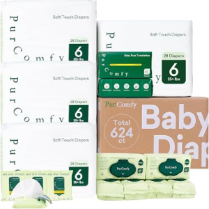 PurComfy Baby Diapers and Wipes Kit, Size 6, Baby Wipes, Baby Dry Wipes | Includes Size 6 (112Ct), 6 Pack (360Ct) Baby Wipes, 2 Pack (120Ct) Dry Wipes, 4 Pack Tavel Wipe, Total 624 Ct, Plant Based