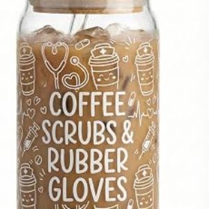 Nurse Gifts for Women 16oz Glass Cup with Lid and Straw Funny Nurse Appreciation Gifts for Birthday Nurses Week Graduation Coffee Scrubs and Rubber Gloves Tumbler for RN LPN CNA Student