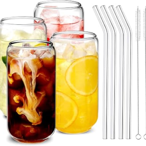 Drinking Glasses and Glass Straw 4PCS Set – 16oz Glass Cups with Straws, Iced Coffee Glasses, Ideal for Whiskey, Beer, Tea, Gift 2 Cleaning Brushes