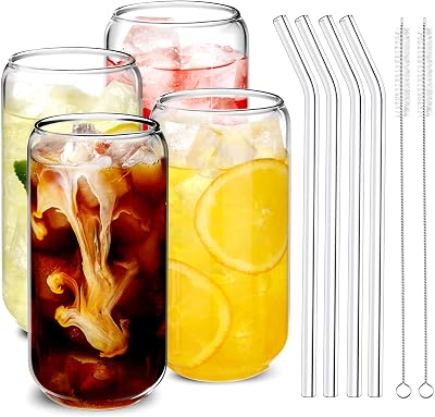 Drinking Glasses and Glass Straw 4PCS Set - 16oz Glass Cups with Straws, Iced Coffee Glasses, Ideal for Whiskey, Beer, Tea, Gift 2 Cleaning Brushes
