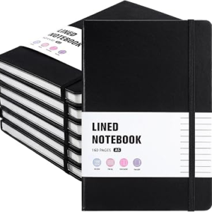 Thboxes 6 Pack A5 Lined Journal Notebooks, Hardcover, 160 Pages, Black | 100 GSM, Pen Holder, Bulk Set for Writing, Notes, Work, Home, College, School, Travel, Office, Students, Teachers, Daily Use