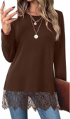 OFEEFAN Long Sleeve Lace Hem Tunic Tops