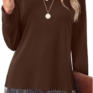 OFEEFAN Long Sleeve Lace Hem Tunic Tops