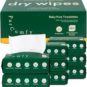 PurComfy Baby Dry Wipes for Newborn, 8 Pack | Plant-Based & Hypoallergenic, Disposable Cloths, For Diaper Changes, Meal Time & Runny Noses, Use Wet or Dry, Total 480 Count