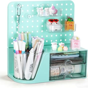 Comix Desk Organizer with 2 Drawer, Green 360° Rotating Pen Holder for Desk | Desk Organizers and Accessories with 5 Slots Pencil Holder+Pegboard+Drawer, Pen Organizer for Home School Art Office Supplies
