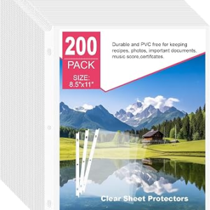 Sheet Protectors 200 Pack – Top-Loading Plastic Binder Sleeves for 8.5″ x 11″ Paper, Glare-Reducing Textured Surface, Reinforced 3-Hole Edges, Non-Stick & Acid-Free for Home, School & Office