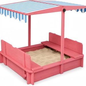 Wood Sandbox with Lid and Canopy, Outdoor Sandbox with Adjustable Canopy | with 2-in-1 Foldable Benches, Spruce Wood, Included Non-woven Fabric Liner, forBackyard Garden Beach