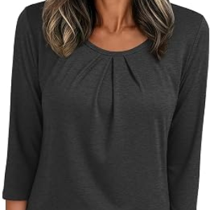 JUSTFASHIONNOW Womens 3/4 Length Sleeve Tops Crewneck Pleated T-Shirts