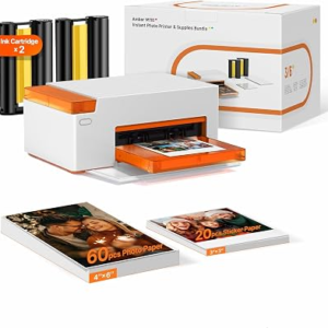 Liene Amber M110 Bluetooth Photo Printer 80 Sheets, Portable Photo Printer for iPhone, Thermal Dye Sublimation, Picture Printer 60 Sheets 4×6 Paper & 20 Sheets 3″ Square Sticker Paper & 2 Cartridges