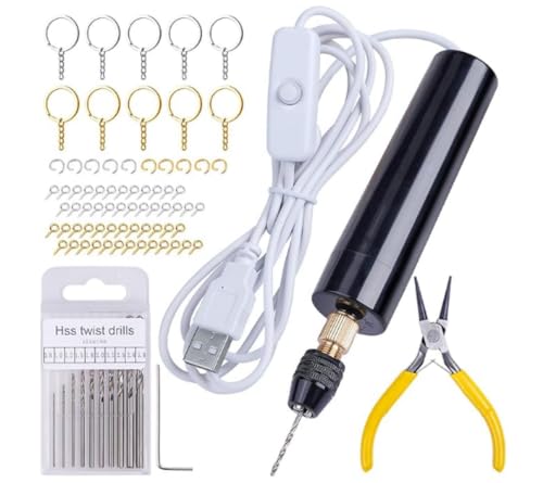 74PCS Electric Resin Drill Set, Electric Hand Drill for Jewelry, Resin and Keychain Making, Includes 10 Mini Drill Bits, 50 Gold and Silver Eye Screws, 10 Keychain Rings and More
