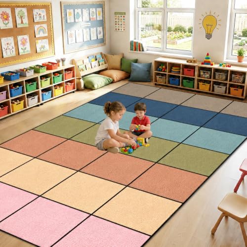 7.6x12 ft Large Boho Checkered Classroom Rug Colorful Checkered Educational Area Mat Boho Rainbow Play Carpet Back to School Learning Mat for Preschool Playroom Nursery Kindergarten School Decor,Boho