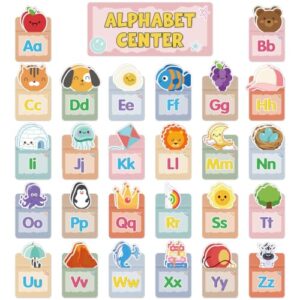79Pcs Boho Alphabet Learning Pocket Wall Display with 52 Cartoon Pattern Matching Cards A-Z ABC Bulletin Board for Preschool Letter Recognition Classroom Learning Center Chart Homeschool Wall Decor
