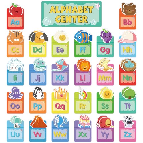 79Pcs Colorful Alphabet Learning Pocket Wall Display with 52 Cartoon Pattern Matching Card A-Z ABC Bulletin Board for Preschool Letter Recognition Classroom Learning Center Chart Homeschool Wall Decor