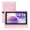 7 inch Tablet with Protective Case Included, Android 14.0, 8GB(3+5GB Expand) RAM+ 32GB ROM, IPS1024 x 600,Dual Camera, 3000mAH Battery, 2.4G+5G Wi-Fi Pink