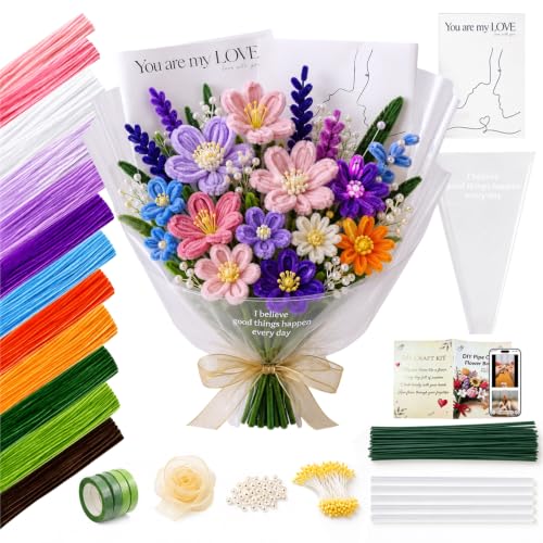 800 PCS Pipe Cleaners Flower Kit, 13 Colors Chenille Stems, With Handle, Packaging Paper and Ribbon Decoration and Instructions, DIY Bouquet Art Supplies, Art and Craft SuppliesValentines Day Rose Kit