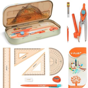 YPLUS Geometry Set, Protractor and Compass Set for Students, 12Pcs | Compass Drawing Tool with Metal Case, Rulers, Protractor, Mechanical Pen, Back to School Supplies for Students