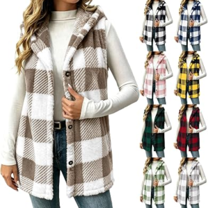 Fleece Vest Women Sherpa Button Down Flannel Hooded Plaid Vest