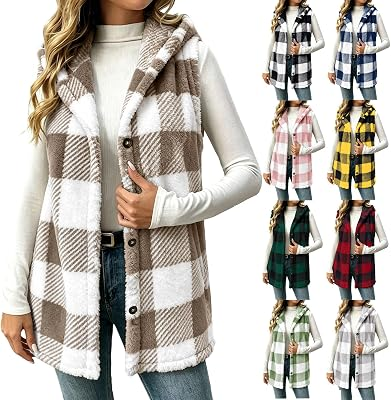 Fleece Vest Women Sherpa Button Down Flannel Hooded Plaid Vest
