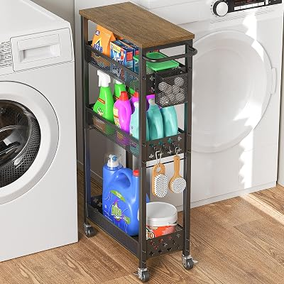 Utility Slim Rolling Storage Cart with Wheels, 4 Tier Narrow Metal Kitchen Cart Bathroom Laundry Room Organization Trolley with Wood Rack and Removable Mesh Basket for Small Space, 7.1IN Black