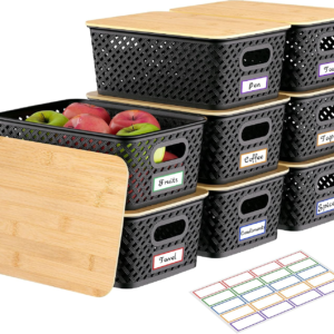 Anysig 8 Pack Plastic Storage Bins with Bamboo Lids, 5.2 QT Stackable Bins