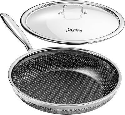 Nonstick Frying Pan with Lid 12-Inch, Durable Stainless Steel Skillet, Induction Cooktop Compatible, PFOA-Free Scratch-Proof, Dishwasher & Oven Safe, Stay-Cool Handle, Silver Kitchen Cookware