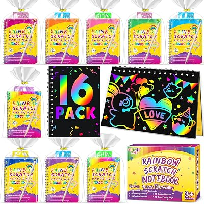 Party Favors for Kids 4-8-12: 16 Pack Scratch Rainbow Art Crafts Notebook | Coloring Book Goodie Bags Stuffers Kit, Bulk Birthday Gift Classroom Prizes Girl Boy Toddler