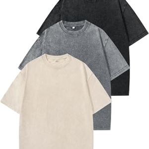 Little Beauty 3 Pack Mens Oversized T Shirts Acid Wash Cotton T-Shirts Short Sleeve Casual Streetwear Baggy Shirts Black/Grey/Apri
