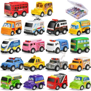 KarberDark 18 Pack Mini Assorted Pull Back Car Toys, Party Favors | Storage Organizer Box, Birthday Gift, for Kid, Mini Model Vehicle Set with Display Case for Child Toddler