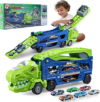 Dinosaur Truck Toys for Kids 3-5 – Transporter Carrier Trucks with 6 Die-Cast Cars Toys, 3 in 1 Truck with 2 Foldable Race Tracks, Christmas Birthday Gifts Toys for 3 4 5 6 Years Old Boys(Jungle Blue)