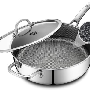 SNOWCLAD Frying Pans Nonstick with Lid,Hybrid Non Stick 5 Quart Saute pan,PFOA Free Cookware,Stainless Steel skillet,12 inch Deep Saute Pan,Dishwasher&Oven Safe,Works on All Cooktops
