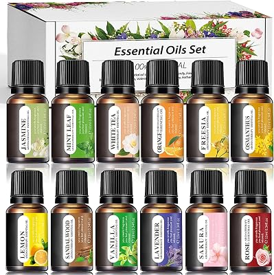 Essential Oils Set, 12 Scents, 10 ML Bottles, Lavender, Lemon, Rose, Jasmine, Vanilla, Sandalwood and More, for Humidifiers, Diffusers, Aromatherapy