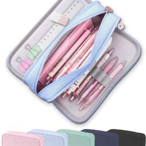 FAHZON Cute Pencil Case, 3 Large Compartments Pencil Pouch, Elastic Pen Slots&Mesh Pockets for Stationery, Pencil Bag for School Supplies with Zipper for Girls Boy Women Teens Adults-Blue