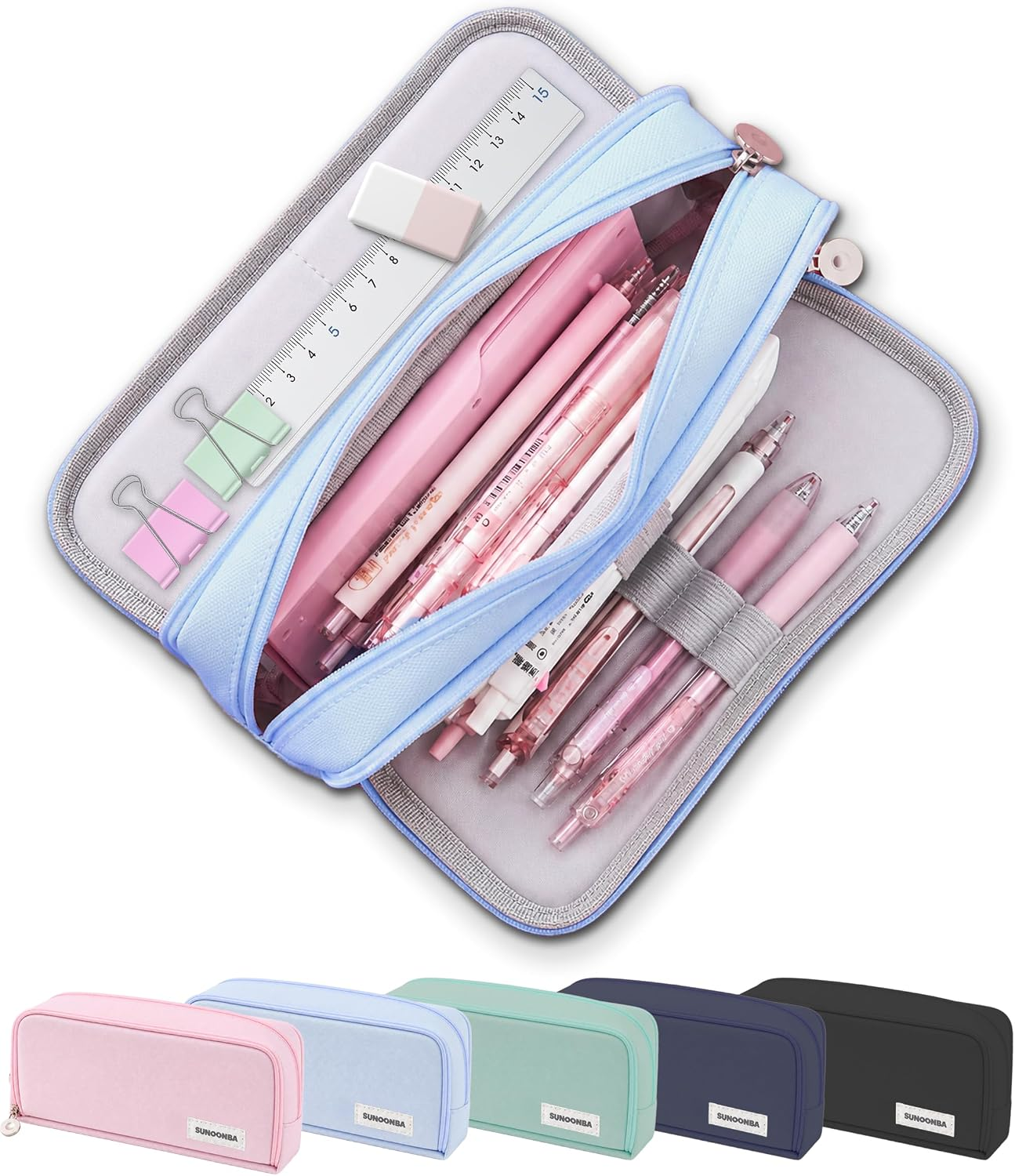 FAHZON Cute Pencil Case, 3 Large Compartments Pencil Pouch, Elastic Pen Slots&Mesh Pockets for Stationery, Pencil Bag for School Supplies with Zipper for Girls Boy Women Teens Adults-Blue