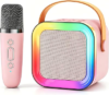 Mini Kids Karaoke Machine Ages 3-12, Wireless Mics Bluetooth Speaker, Pink | LED Party Lights,
