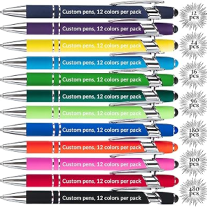 Up to 480 Pcs Personalized Pens in Bulk, Custom Metallic Printed Name with Black Ink, Customized Pens Bulk with Stylus-Great Gift Ideas(Silver 12 Colors)