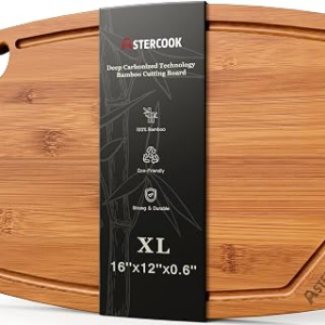 Astercook Large Bamboo Cutting Board, Deep Carbonized Wooden Chopping Board with Juice Groove and Handle, Kitchen Prep & Serving Board for Meat, Vegetables, Bread and Charcuterie