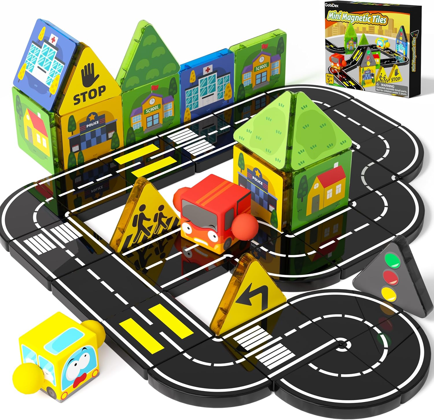 GobiDex Mini Magnetic Tiles Road Set with 2 Cars for Kids Ages 3+