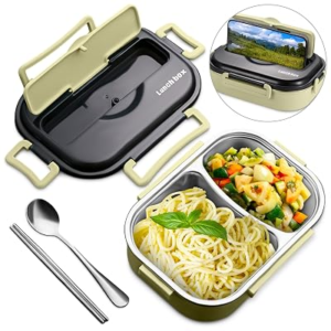 Reluen Stainless Steel Lunch Box to Go, Food Container, Bento Box Adult | Steel Tray, Plastic Shell, 15.8 oz and 21.7 oz Compartments, Spoon & Chopsticks – Hot Water Below Warms Food Before Eating