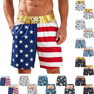 Cheeky Shorts for Men Funny Butt Swim Trunks Adult Swimwear Shorts | Mens Funny Hairy Butt Cheek Patriotic Flag Beach Shorts Hairy Legs 3D Print Quick Dry Swimwear, Lightweight and