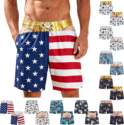 Cheeky Shorts for Men Funny Butt Swim Trunks Adult Swimwear Shorts | Mens Funny Hairy Butt Cheek Patriotic Flag Beach Shorts Hairy Legs 3D Print Quick Dry Swimwear, Lightweight and