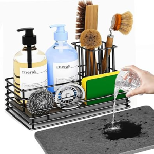 Yofidra Kitchen Sink Caddy: Sink Sponge with Instant Drying Stone, Metal Stainless Steel Dish Sponge Holder Basket for Sponges, Scrubbers, Soap, 9.5″ X 5.5″ X 5.7″ Home Decor Storage and Organization