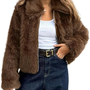 BTFBM Women Faux Fur Coat Zip Up Cropped Winter Fall Jackets,Brown,S